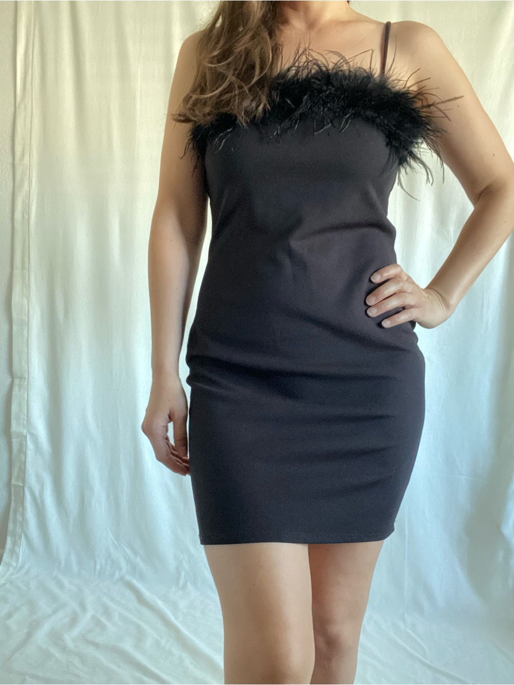 B Darlin Black Mini Dress with Feather Trim